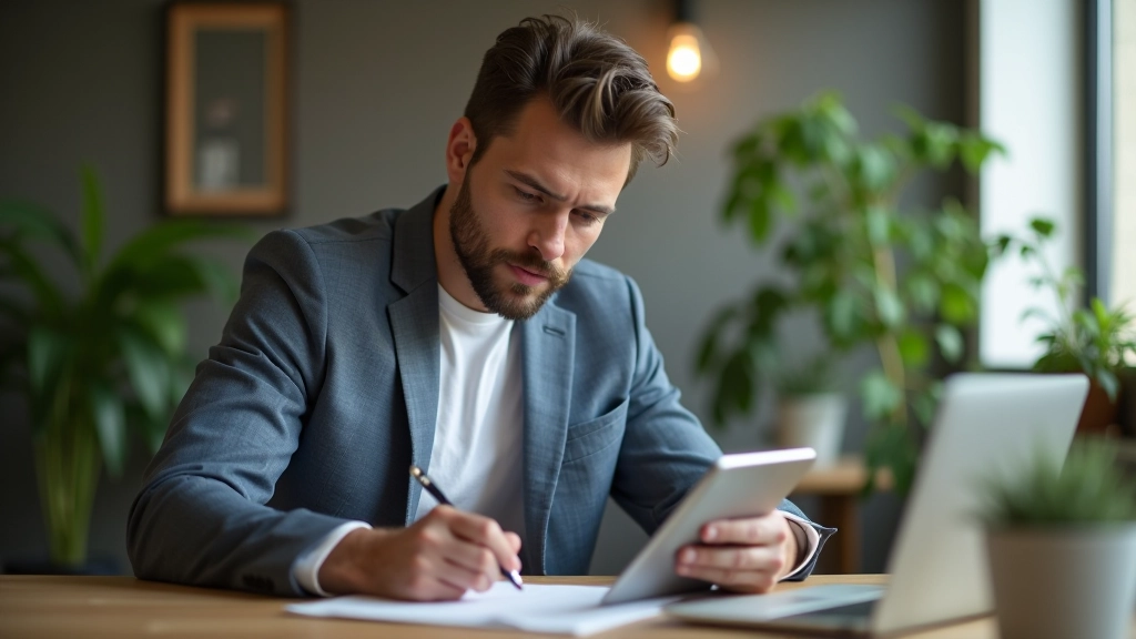 Pessoa jovem em ambiente de trabalho relaxado, consultando tablet e anotando informações, espaço criativo com plantas, iluminação natural suave