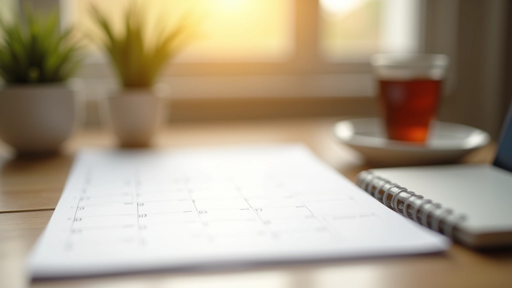 Calendário de planeamento e agenda abertos numa mesa de trabalho moderna com xícara de chá