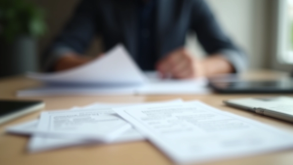 Documentos oficiais organizados sobre secretária de madeira, cartão de cidadão, faturas e caneta, iluminação clara de escritório