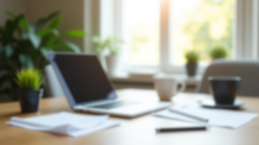 Secretária organizada com computador portátil, planta verde pequena e copo de café, mesa de trabalho minimalista com luz natural, fotografia profissional