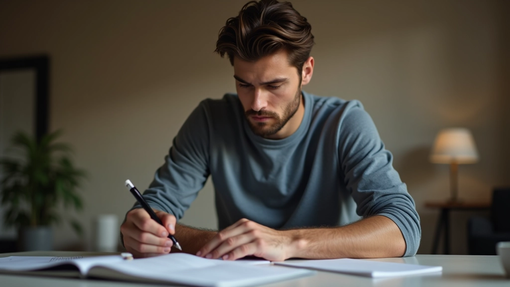 Pessoa a rever anotações e notas de planeamento numa mesa, reflectindo sobre progresso