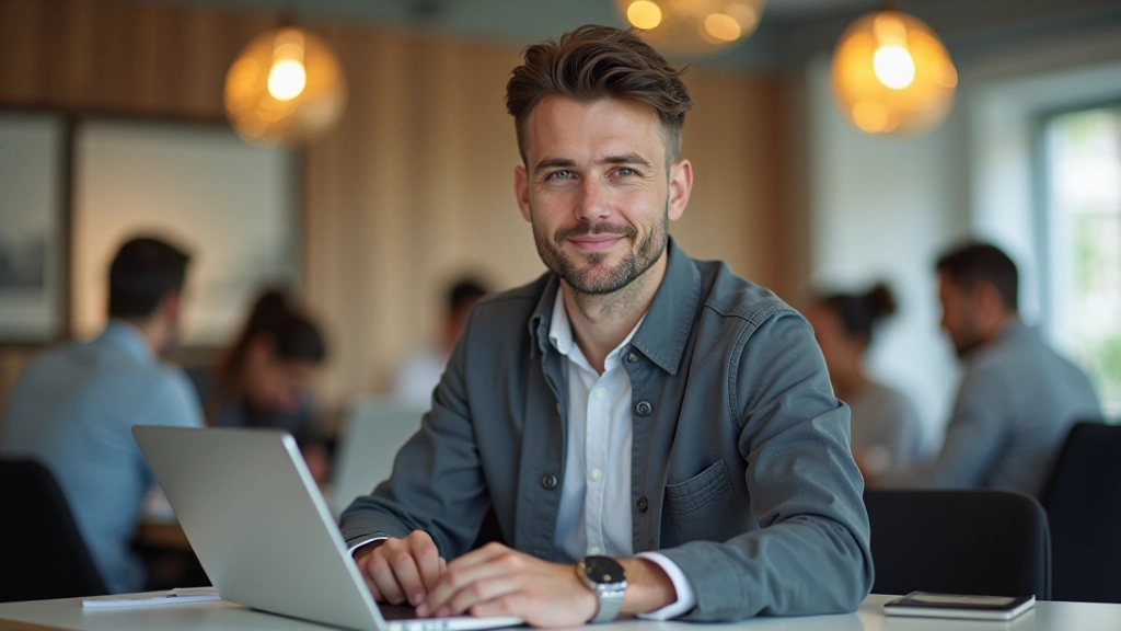 Pessoa a trabalhar num espaço de co-working com outros profissionais, ambiente colaborativo e luminoso