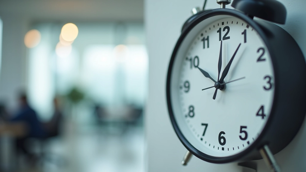 Relógio analógico numa parede de escritório, mostrando organização de tempo com notas de horário