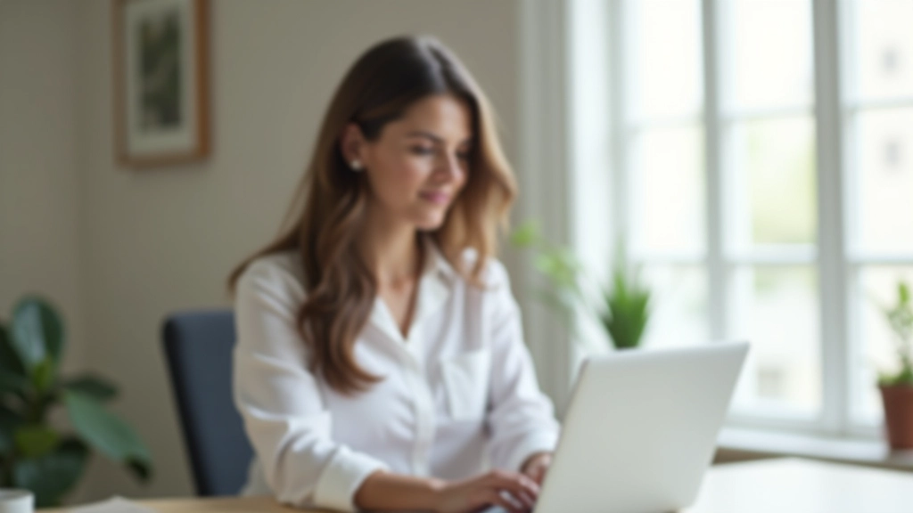 Mulher a trabalhar num escritório claro, focada num computador portátil com café ao lado, luz natural da janela