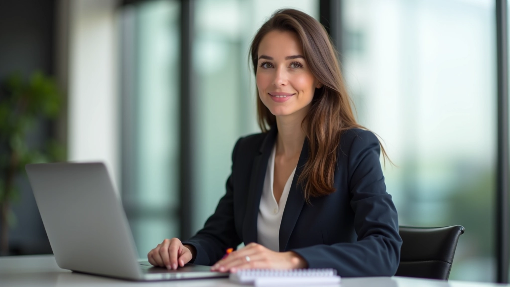 Mulher trabalhando no laptop numa mesa moderna com caderno e caneta, luz natural da janela, ambiente de trabalho profissional