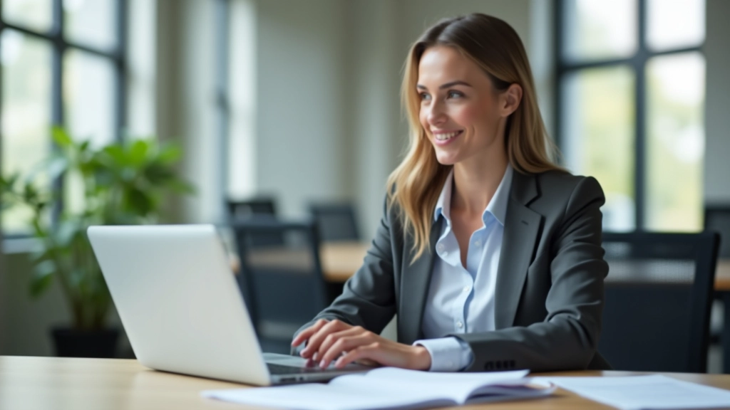 Profissional em ambiente de escritório moderno, sentado à secretária com laptop e documentos, luz natural de janela, fotografia profissional