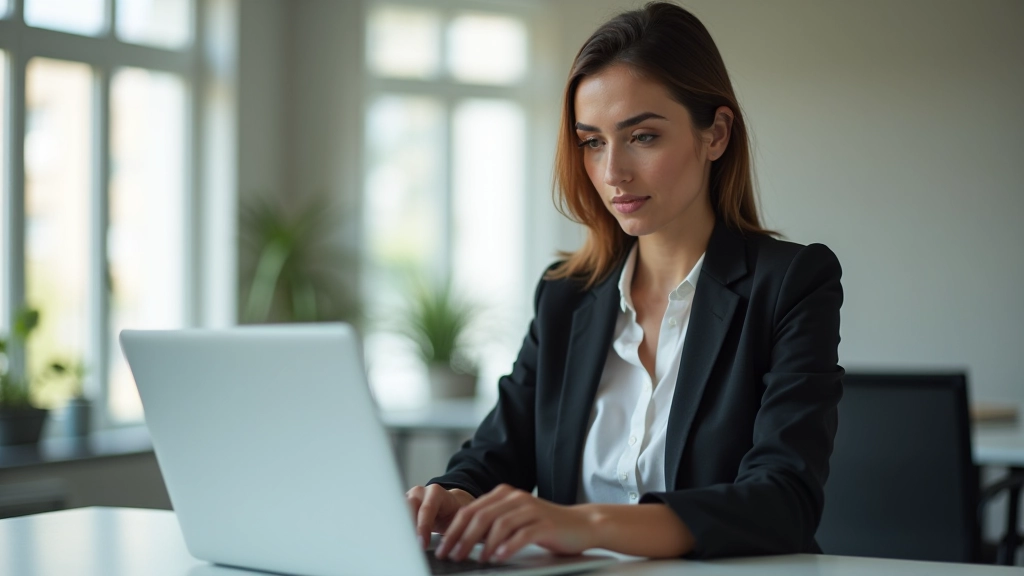 Mulher profissional a trabalhar no computador portátil, escritório moderno com luz natural, expressão focada